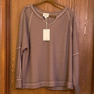 NWT- ANDREE BY UNIT Charcol Waffle Knit Long Sleeve Top w/Split Neckline